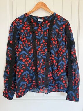 Compania Fantastica Poppy Print Lace Blouse Floral Long Sleeve Blue Red Medium